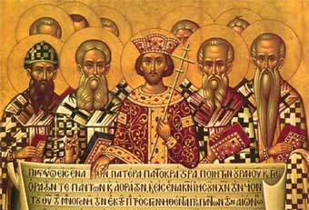 Costantino e i vescovi del Concilio tengono in mano una copia del nuovo Credo