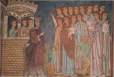 Un Costantino tutto a pois, come nei migliori casi di lebbra, valuta se farsi il bagno nel sangue di neonatino morto. (Dal ciclo pittorico dell’Oratorio di San Silvestro; chiesa dei Quattro Coronati, Roma)