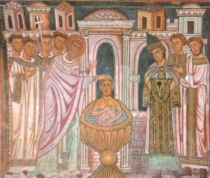 Costantino si immerge fiducioso in una vasca da bagno, non più piena di sangue umano ma bensì ricolma di acqua benedetta