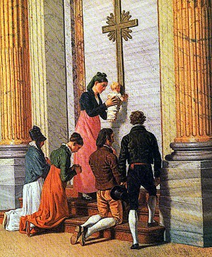 Una mamma offre alla sua famiglia un assaggio "di Paradiso", di fronte alla Porta Santa che sta per essere aperta, nell'anno giubilare 1850