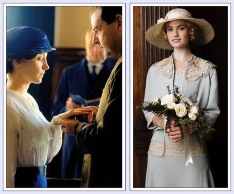 Consentitemi un omaggio a Downton Abbey - uno dei miei telefilm preferiti - nel sottolineare il lavoro egregio svolto dai costumisti: ecco qui due spose, di diversa estrazione sociale, indossare abiti decisamente colorati nel giorno del loro matrimonio